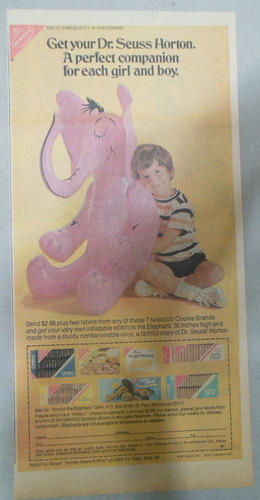 Nabisco Cookies Werbung: Dr. Seuss Horton Elephant Premium 1971 Größe: 7,5 x 15 cm