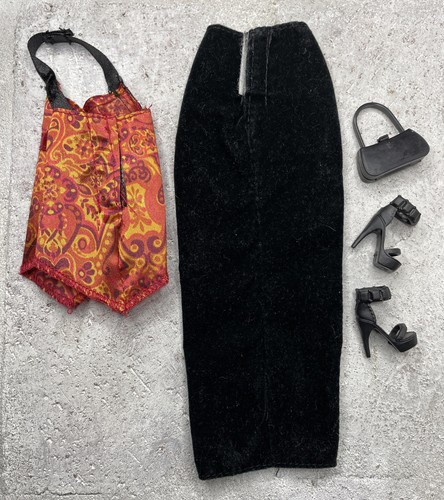 Barbie Clothes Lot #228 Velvet Skirt and Silky Top, Purse, Shoes - Picture 5 of 14