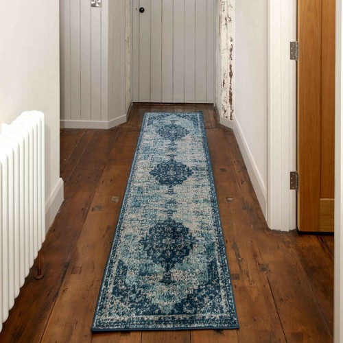 Traditional Hallway Runner Rugs Moroccan Navy Gold Distressed Vintage Carpet Mat - Picture 5 of 16