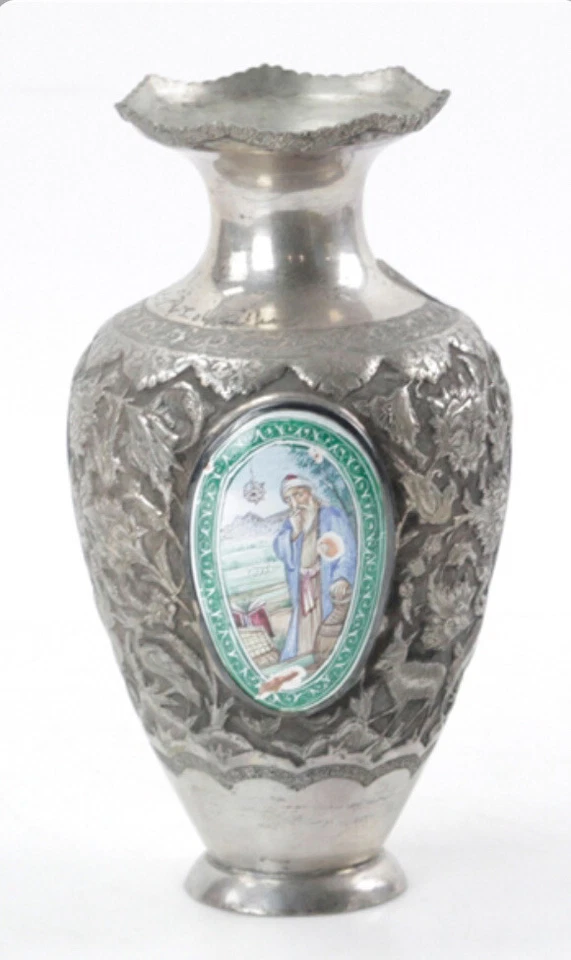 Jarrón antiguo persa de plata esterlina maciza CALIDAD MUSEO paneles esmaltados islámicos Foto 2 de 4