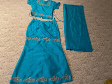 3 pieces girls Pakistani blue beaded outfit top skirt suits size 5-6 y