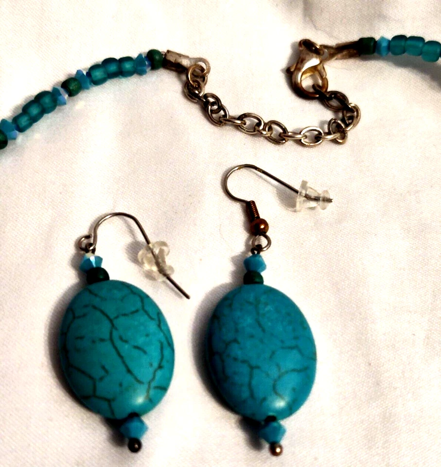 Brincos de pulseira de colar de contas turquesa falsa cristal parure e espaçadores de vidro - Imagem 3 de 4