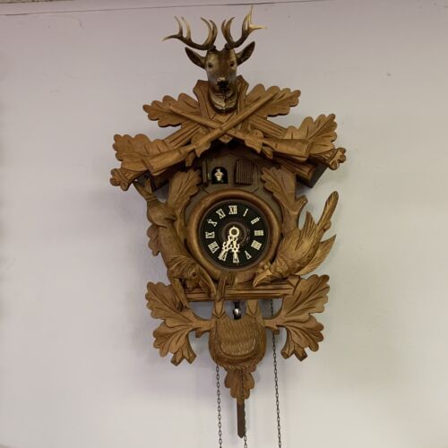 ATQ Schatz Black Forest German Hand Carved Walnut 20" Hunter Cuckoo Clock 1 Day - Picture 2 of 21
