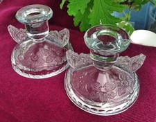 Glass candle holders x 2, Sowerby 2552, butterfly pattern, Art Deco, flint glass