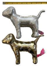 VICTORIA'S SECRET Metallic Gold  Silver Faux Leather Stuffed Puppy Dog Lot of 2