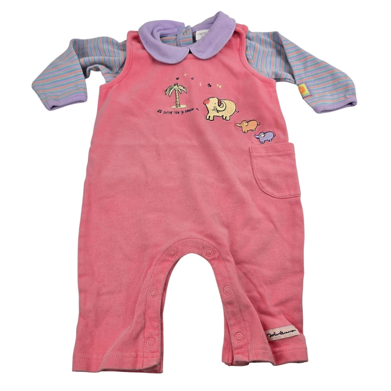 Vintage Carters Y2K Baby Girl Clothes John Lennon Pink Overalls Set Elephant 3-6