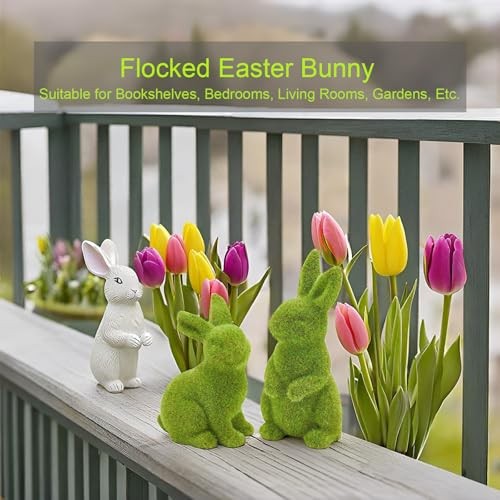 2 PCS Moss Bunny Decorative Figurines Flocked Resin Easter Bunny Decor Green - Picture 4 of 8