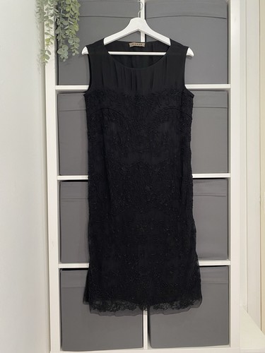 Vestido recto Jigsaw para damas talla 12 negro con cuentas seda cóctel LBD fiesta de crucero