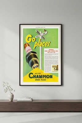 🚗 Vintage Champion Spark Plugs Poster - Go Places (1950s) - 24x36