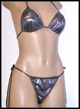 2pc Vintage SILVER String BIKINI Thong METALLIC Foil SATIN Shiny Wet-look TOP