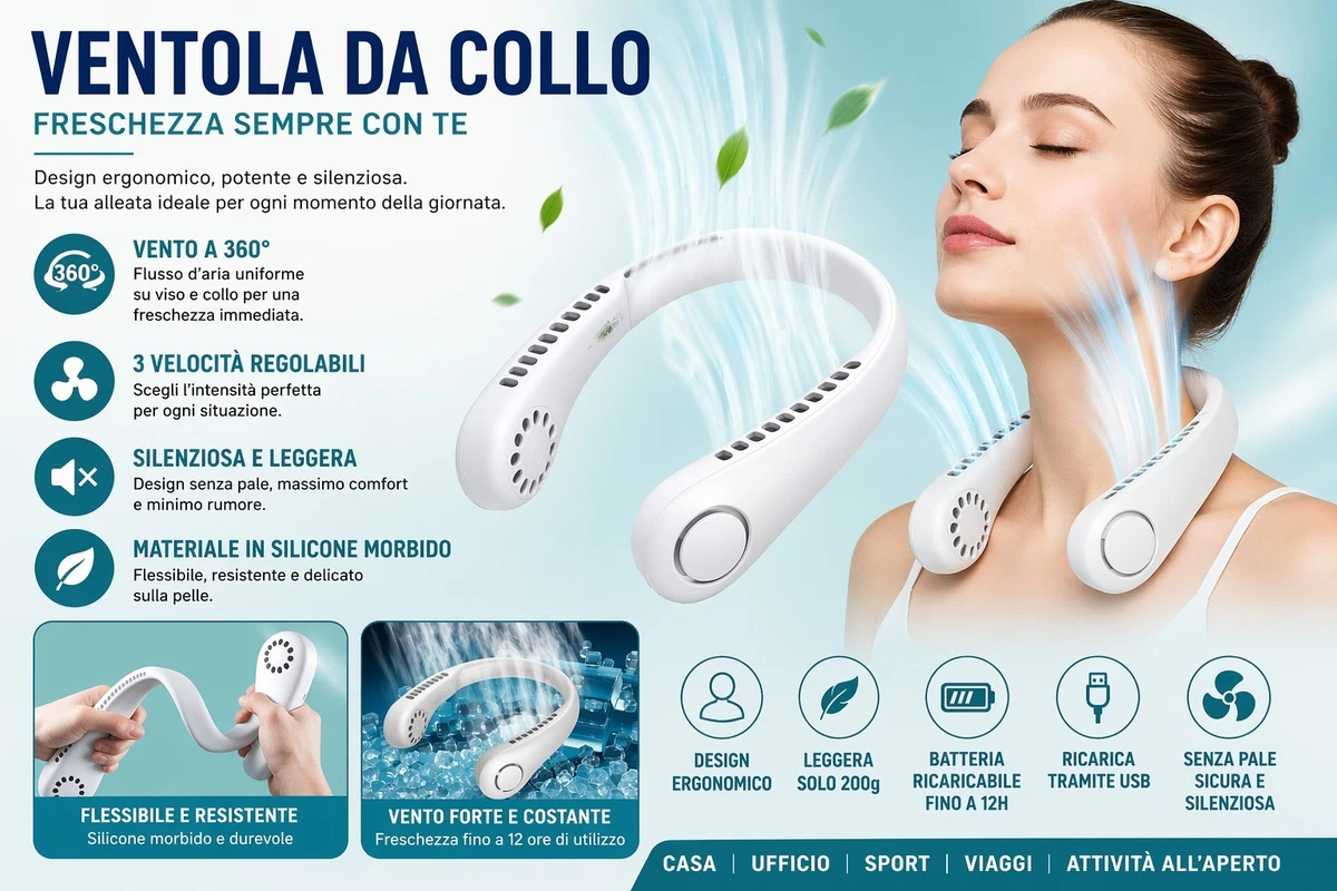 NEXAIR Ventilatore Da Collo Portatile Ricaricabile Senza Pale - 3 Velocità, Design Moderno, Per Viaggi E Sport