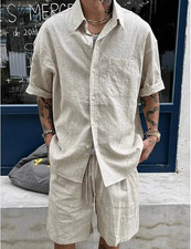 Men's Summer Casual Linen Look 2-Piece Set Relaxed Fit Shirt Shorts Outfit