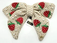 Lele Sadoughi Libby Strawberry Faux Pearl Bow Barrette Linen Weave NWT $95