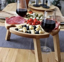 Wooden Outdoor/Indoor Folding Picnic Tray Table w/Wine Glass Holders Charcuterie