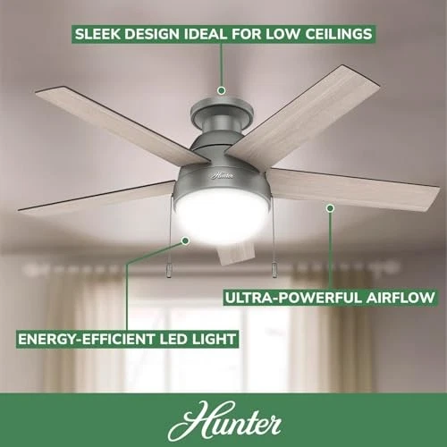 Hunter Anslee 46 Inch Modern Ceiling Fan with LED Light and Pull Chain Control - Image 2 of 4