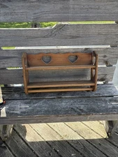 Vintage Large Rustic Country Style Wood Wall Shelf Heart Cutouts Towel Holder