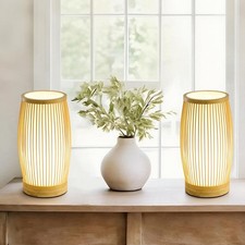 Boho Bamboo Table Lamps Set of 2, Slatted Bamboo Bedside Nightstand Lamps wit...