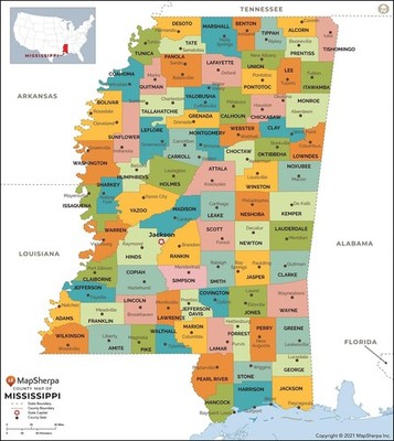 Mississippi Counties Map - Standard - 36'' x 40.5'' Laminated