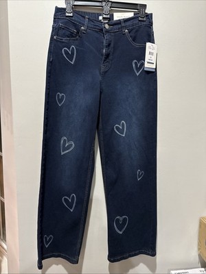 No Comment Women s Junior Sz M Heart Print Dark Wash Straight Leg Jeans NWT