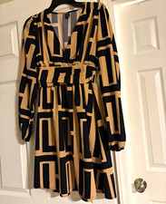 SHEIN Black/Beige Geometric V-Neck Long Sleeve A-Line Short Dress Size S