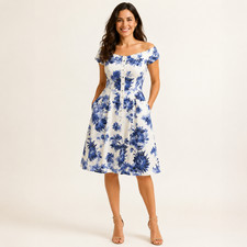 Adrianna Papell Dress Size 8 Blue White Floral Linen Blend Fit Flare Pockets