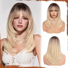 Long Straight Layered Blonde Wigs with Bangs 16 Inch Blonde Wig with Dark Roo...