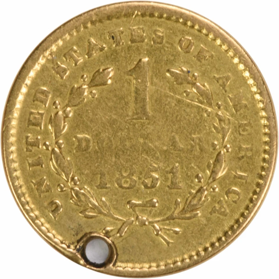 Oro 1851 $1 tipo 1 en estado bastante bueno (aro) sin certificación #1036 Foto 2 de 2