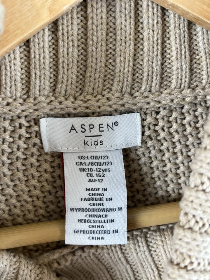 Aspen Kids Girls Tan Knitted Poncho Sweater Sz 10/12 Faux Fur - Image 4 of 4