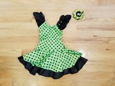 Girls Ballet Tutu Dress Costume Child Green Black Polka Dot Ruffled Sleeve S 3-5
