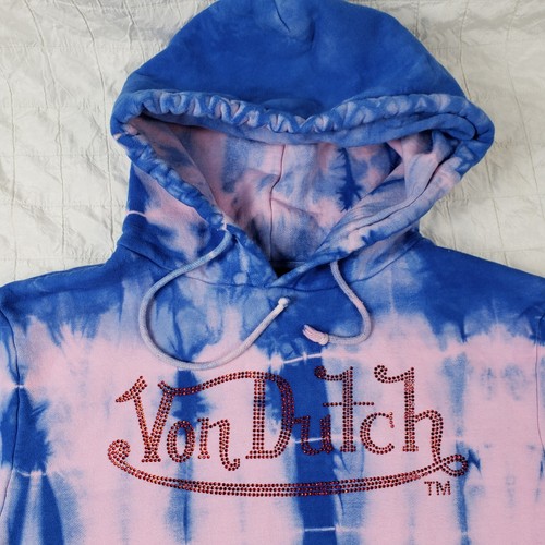 VON DUTCH Women MEDIUM Blue Pink Tie Dye Red Rhinestone Logo Oversize Hoodie USA - 第 5/12 張圖片