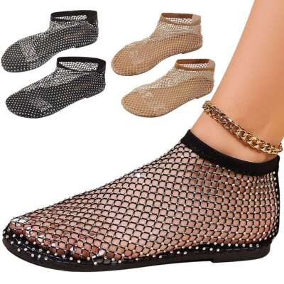 Womens Comfortable Shiny Gem Mesh Flats Sparkle Shoes Low Heel Slip on Sandals