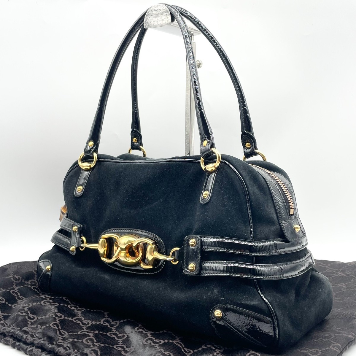 Gucci Handbag Horsebit Black Leather Suede Bamboo 159398 Y2K