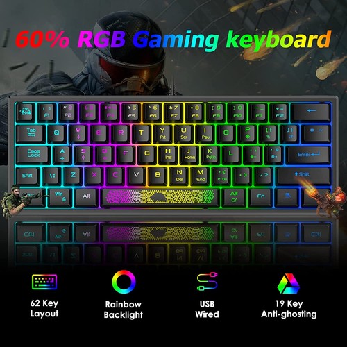 60% Wired Compact Gaming Keyboard, RGB LED Backlit Mechanical Feel For PC Laptop - Picture 31 of 37