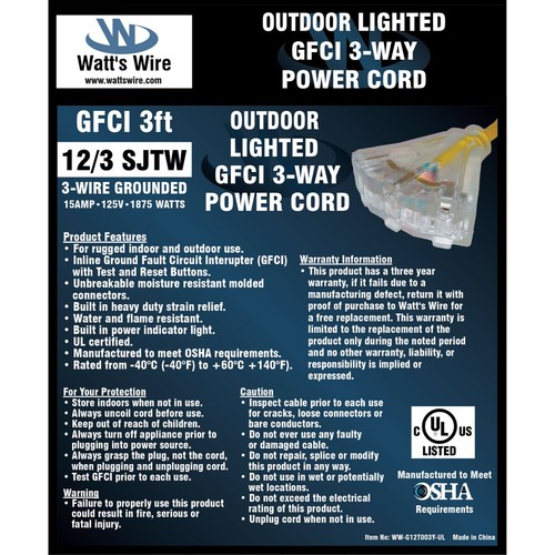 3' 12 Gauge GFCI Heavy Duty Lighted 3-Outlet Extension Cord 3ft 12/3 SJTW In/Out - Picture 6 of 6