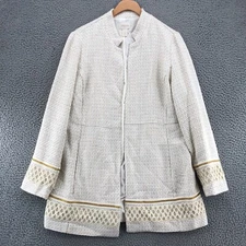 Chicos Blazer Womens 1 US Medium White Woven Long Line Crochet Gold Beaded Open