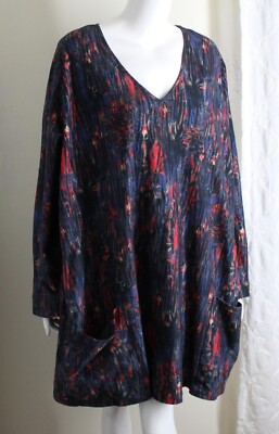 New Ulla Popken 28 30 3X V-Neck Black Red A-Line Pocketed Tunic Shirt Top Funky