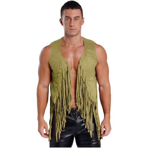Men Outfits Tassel Waistcoat Fashion Vest Fringe Jacket Suede Suits Cosplay 70s - Picture 50 of 59