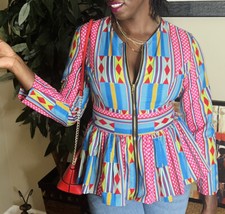 Ghana Print Blue, Pink And Multicolored Women Flair out Blouse