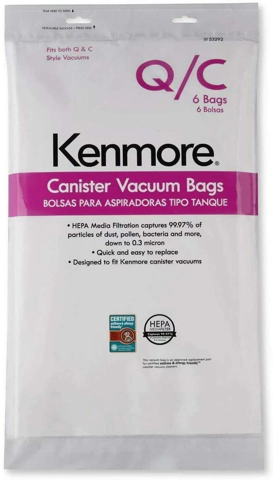 6 bolsas de vacío Kenmore Sears tipo Q/C HEPA estilo 5055 20-50558 50557 53292 Foto 3 de 4