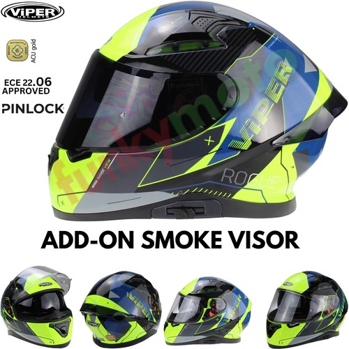 Viper RS-55 Full Face Motorcycle Helmet – ACU Gold, ECE 22.05, Grey Graphic, Ratchet Closure, Lightweight