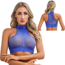 Damen Shirt Transparent Crop Top Rein Oberteil Ärmellos Weste Rückenlos Netz