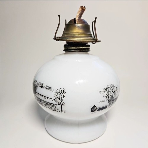 Vintage Currier & Ives Farm Scene Milk Glass Oil Lamp Base - Picture 2 of 9
