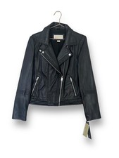 Michael Kors Black Leather Biker Jacket Size M Uk 12 Zip Pockets Premium
