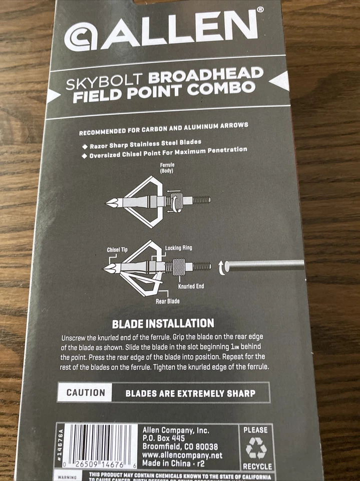 Allen Skybolt Combo Cabeza Ancha/Punto de Campo Nuevo Sellado 1 1/8 100 Granos Foto 3 de 3