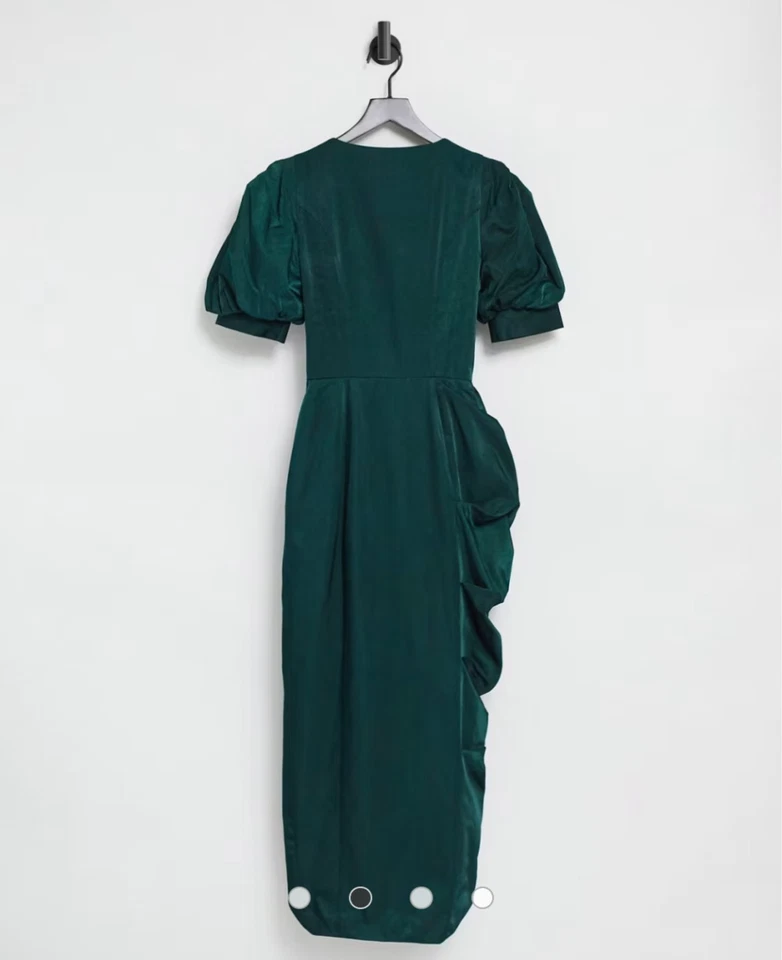 Vestido midi envolvente con drapeado estructurado verde manga abullonada de ASOS - talla 8 fiesta navideña Foto 2 de 4