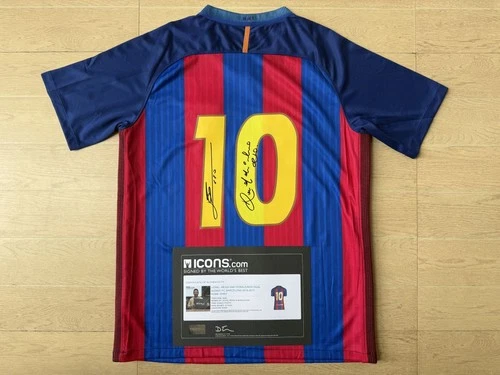 LIONEL MESSI AND RONALDINHO DUALSIGNED FC BARCELONA 2016 HOME SHIRT/ Icons COA 7