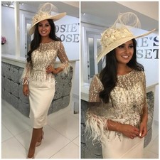 Elegant Tea Length Wedding Dresses Glitter Sequins Feather Satin Baeded Gowns