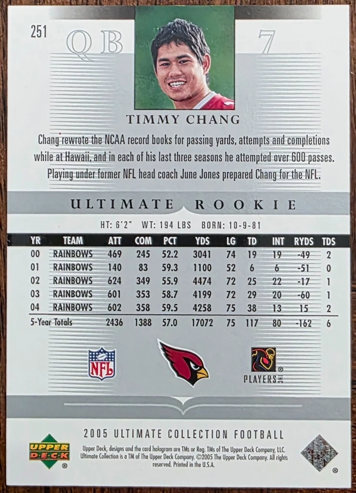 2005 UPPER DECK ULTIMATE TIMMY CHANG ARIZONA CARDINALS GOLD RC SP /40 #251 NM/MT - Image 2 of 2