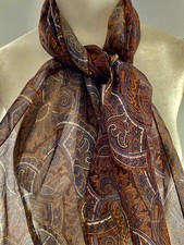 Vintage Paisley Chiffon Sheer Scarf Brown Beige Blue Rectangle Polyester 13"X58"