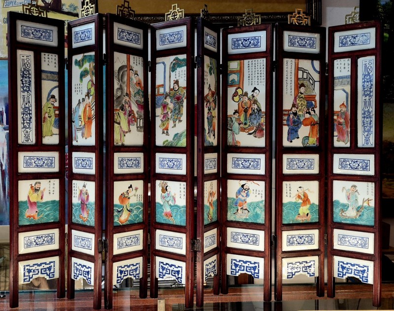 ANTIQUE 19c CHINESE 8 PORCILYN PANEL  SCREEN W/8 IMORTALS 35"x 48" QING Dynasty 